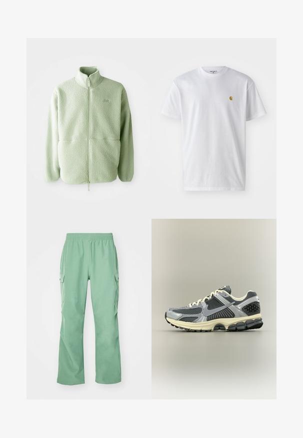 Veste en polaire vert clair avec un col montant, fermeture éclair intégrale et surface texturée ; dispose de deux poches avant et d'un petit logo.; T-shirt en coton blanc à manches courtes, col rond, avec un petit logo doré sur la poitrine gauche. Texture douce et coupe régulière.; Pantalons cargo vert clair avec une taille élastique, fabriqués à partir d'un tissu lisse, comportant deux poches latérales et une coupe droite.; Chaussure de running Nike grise et noire avec des lacets blancs et une semelle beige, vue de côté sur un fond neutre.