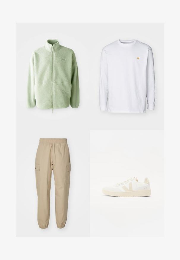 Chaqueta de forro polar verde claro con un cuello alto, cremallera completa y superficie texturizada; cuenta con dos bolsillos frontales y un pequeño logo.; Camiseta de manga larga blanca de algodón. Cuenta con un pequeño logo dorado en el pecho y un cuello redondo. Diseño simple y corte estándar.; Pantalones cargo beige con cintura elástica, piernas ajustadas y bolsillos laterales. Tejido suave con una textura ligeramente estructurada.; Zapatilla blanca con acentos beige, que presenta un upper texturizado, punta redonda y suela de goma gruesa. El diseño incluye el icónico logo V y marcas.
