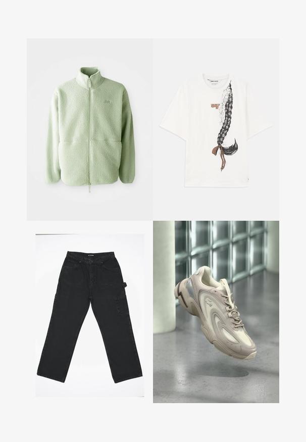 Lichtgroene fleecejack met een hoge kraag, volledige rits en structuur; voorzien van twee voorzakken en een klein logo.; Witte T-shirt met korte mouwen met een grote afbeelding van een gevlochten haarstijl met bloemaccenten en een bruine strik aan de onderkant.; Zwarte denim broek met een rechte pijpdesign, voorzien van een knoopsluiting aan de voorkant, achterzakken en een zijvak voor cargo.; Lichtbeige sneaker met een gestroomlijnd ontwerp, textuurlagen, een gevoerde zool en een doorzichtige sectie aan de zijkant.
