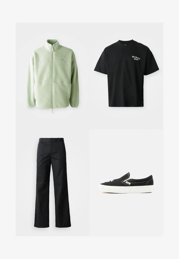 Lys grøn fleecejakke med høj krave, fuld lynlås og tekstureret overflade; har to forlommer og et lille logo.; Sort kortærmet t-shirt lavet af bomuld med en løs pasform. Har et hvidt "Dickies" logo på forsiden. Rund halsudskæring, ensfarvet.; Sorte bredbuks i et glat stof. Har en knaplukning, bæltestropper og sidelommer. Ren, skræddersyet silhuet.; Sort Vans slip-on sneaker med hvid gummisål, hvid syning og elastiske sidestropper, set fra ydersiden.