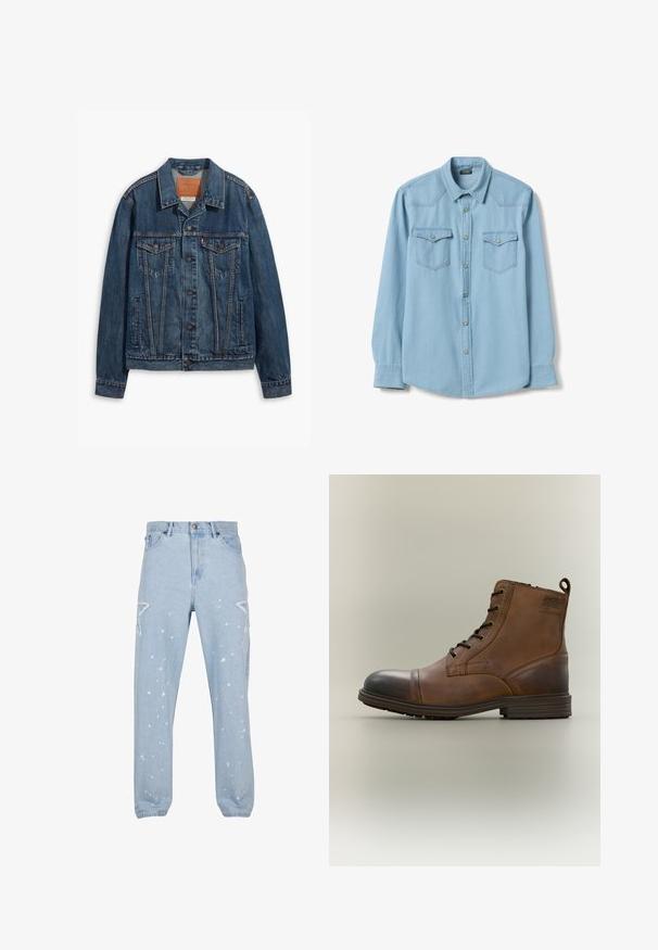 Chaqueta de denim azul con un diseño clásico, que presenta bolsillos en el pecho, botones de metal y costuras a contraste. Cuello y dobladillo estructurados.; Camisa de mezclilla azul claro de manga larga con cuello, botones a presión en la parte frontal y dos bolsillos en el pecho con solapa y cierre de botón a presión.; Jeans de mezclilla azul claro con un ajuste relajado, que cuentan con recortes en forma de estrella, manchas de pintura y un diseño clásico de cinco bolsillos.; Bota de cuero marrón con cordones hasta el tobillo, puntera negra, suela redonda y detalle de marca en el lateral sobre un fondo liso.