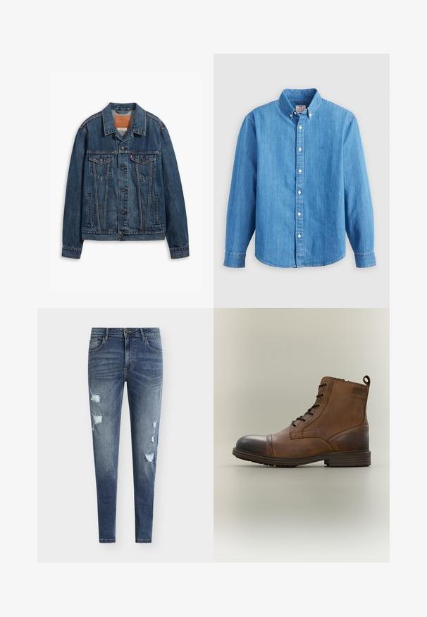Blå denimjakke med klassisk design, der har brystlommer, metalknapper og kontrasterende syninger. Struktureret krave og kant.; Lyseblå denimskjorte med lange ærmer, knap-ned krave og hvide knapper. Har et lille broderet logo på brystet.; Smaltsiddende blå denimjeans med slidte detaljer, flere revner og en falmet vask. Har fem-lomme-design og bæltestropper.; Brun læderstøvle med snørebånd, sort tåhætte, rund sål og mærket detalje på siden mod ensfarvet baggrund.