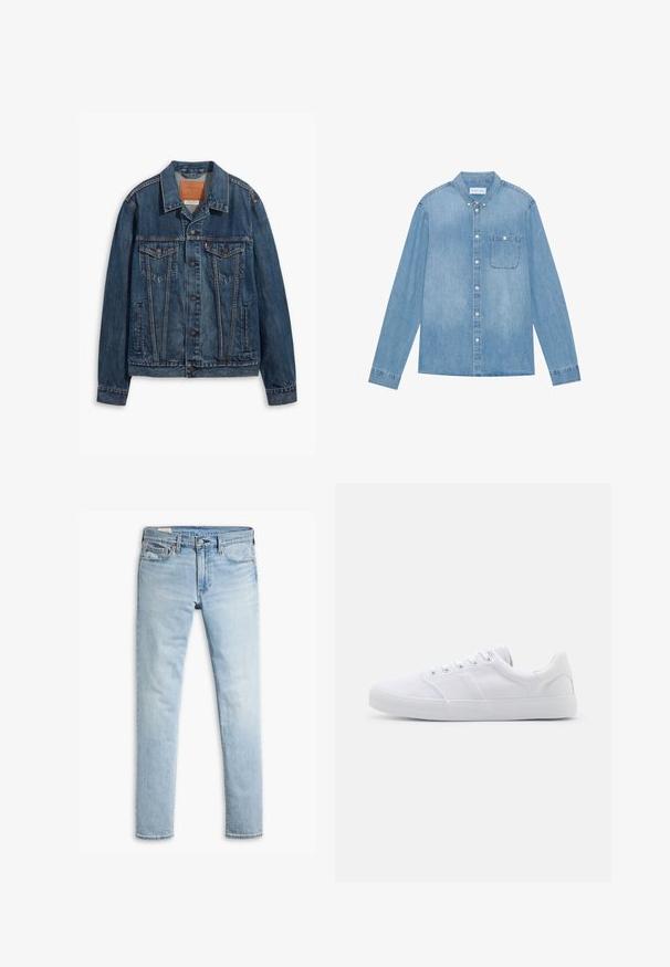 Veste en denim bleu au design classique, comprenant des poches poitrine, des boutons en métal et des coutures contrastées. Col et ourlet structurés.; Chemise en denim bleu clair à boutons, manches longues, col pointu, poche poitrine unique et décoloration subtile sur le tissu.; Jeans en denim slim-fit bleu clair avec fermeture à bouton et fermeture éclair, poches avant et passants de ceinture sur fond blanc.; Baskets en toile blanches avec une semelle en caoutchouc, dotées de six œillets, d'un embout texturé et d'un design minimaliste.