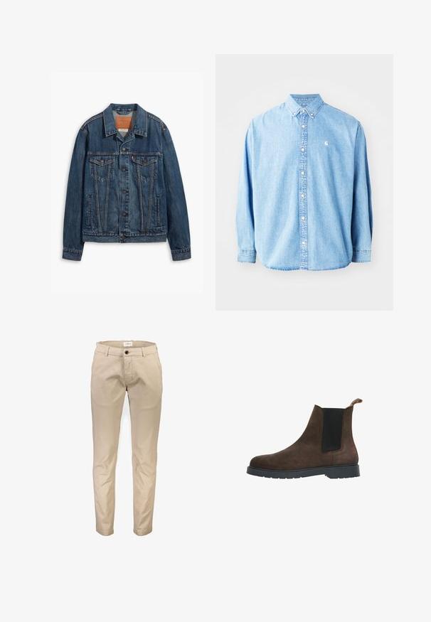 Blaue Jeansjacke mit klassischem Design, ausgestattet mit Brusttaschen, Metallknöpfen und kontrastierenden Nähten. Strukturierter Kragen und Saum.; Hellblaue Jeanshemd mit langen Ärmeln, spitzem Kragen und kleinem Logo auf der linken Brust. Hat eine lockere Passform und ein klassisches Design.; Beige Baumwollhosen mit geradem Bein, ausgestattet mit Vordertaschen, Reißverschluss und einem einzelnen Knopfverschluss. Glatte Textur, ohne Muster.; Selected SLHTIM CHELSEA BOOT - Stiefelette - demitasse