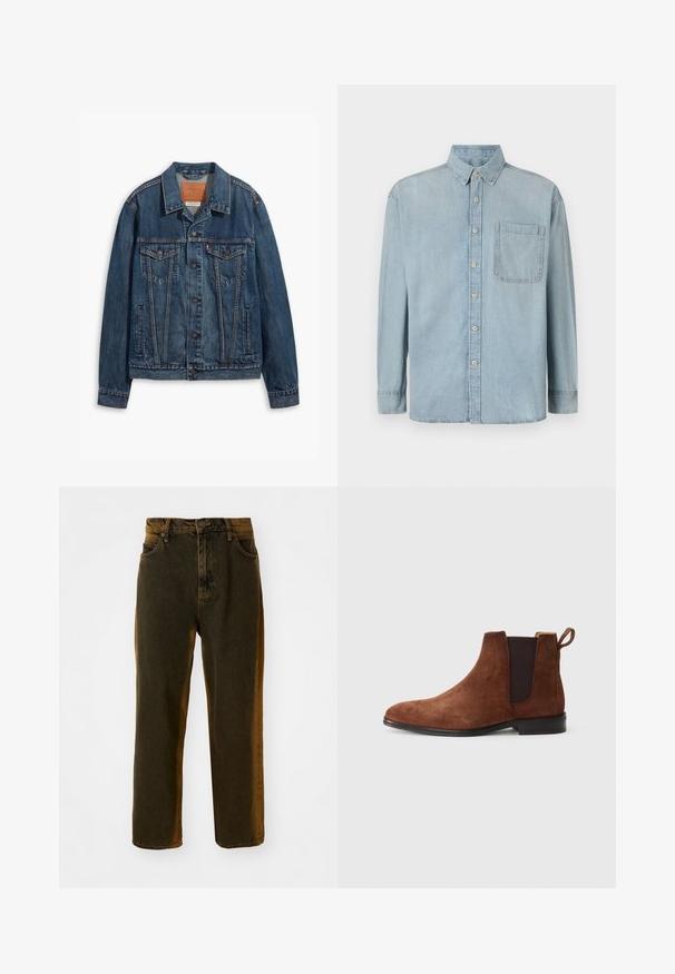 Blå denimjakke med klassisk design, der har brystlommer, metalknapper og kontrasterende syninger. Struktureret krave og kant.; Lyseblå denimskjorte med lange ærmer, knaplukning foran og en enkelt brystlomme. Har en klassisk krave og standard manchetter.; Mørkebrune lige ben denim jeans med foran knap og lynlås, bæltesløjfer samt for- og baglommer.; JOOP! KLEITOS - Støvletter - downtown brown