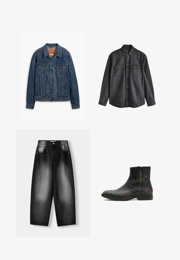 Blauwe spijkerjack met een klassiek ontwerp, voorzien van borstzakken, metalen knopen en contrasterende stiksels. Gestructureerde kraag en zoom.; Donkergrijs denim overhemd met lange mouwen, knoopsluiting aan de voorkant, twee borstzakken met knopen en een klassieke kraag.; Zwarte denim jeans met een wijde pijp, met een vervaagde gradient van donker naar licht, vijf zakken en een knoopsluiting.; AllSaints LANG - Lage laarzen - brown