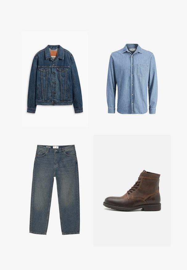 Blå denimjakke med klassisk design, der har brystlommer, metalknapper og kontrasterende syninger. Struktureret krave og kant.; Lysblå denimskjorte med knap-ned krave, lange ærmer, enkelt brystlomme og broderet logo på lommen.; Blå denimjeans med en løs pasform, der har et klassisk fem-lomme design og minimal falming. Inkluderer en knaplukning og bæltestropper.; Jack & Jones JFWDELANEY BOOT - Snørestøvletter - cognac