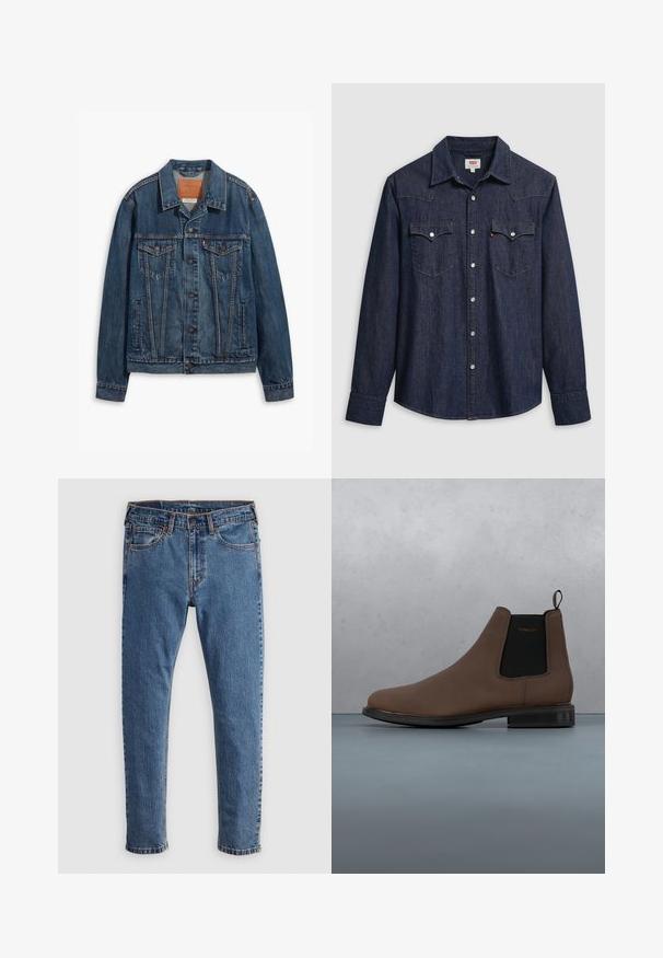 Blå denimjakke med klassisk design, der har brystlommer, metalknapper og kontrasterende syninger. Struktureret krave og kant.; Mørkeblå denimskjorte med spids krave, trykknapper og brystlommer. Har syningsdetaljer og lange ærmer.; Blå denim jeans med lige skæring, fem lommer, orange syninger og en klassisk knap- og lynlåslukning. Slidt tekstur langs benene.; Brune læder Chelsea støvle med sorte elastiske sidepaneler, rund tå og en lav hæl, sat mod en tekstureret baggrund af træ og grus.