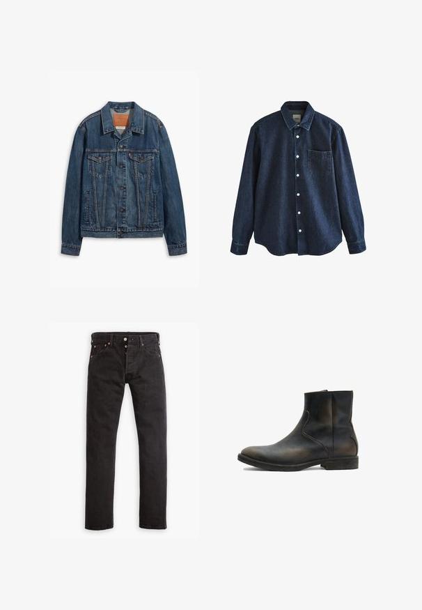 Blaue Jeansjacke mit klassischem Design, ausgestattet mit Brusttaschen, Metallknöpfen und kontrastierenden Nähten. Strukturierter Kragen und Saum.; Dunkelblaues Jeans-Langarmhemd mit Knopfleiste, Kragen und einer einzelnen Brusttasche, dargestellt vor weißem Hintergrund.; Schwarze Slim-Fit-Jeans mit Knopfverschluss, fünf Taschen und kupferfarbenen Nieten flach auf einem weißen Hintergrund ausgelegt.; AllSaints LANG - Stiefelette - brown