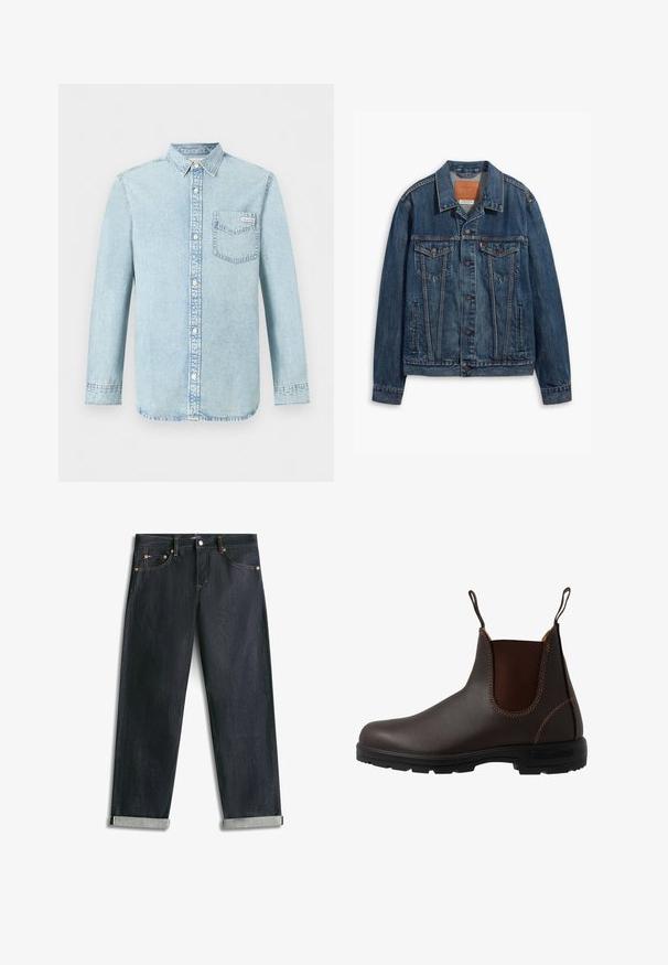 Veste en denim bleu au design classique, comprenant des poches poitrine, des boutons en métal et des coutures contrastées. Col et ourlet structurés.; Chemise en denim bleu clair à manches longues, fermeture boutonnée devant, une poche poitrine simple avec le logo Calvin Klein, et un col pointu.; Jean en denim bleu foncé avec revers roulés, cinq poches et coutures contrastées, posé à plat sur un fond blanc.; Botte Chelsea en cuir marron avec panneau latéral élastique, coutures marron, languettes de tirage, et une semelle en caoutchouc durable avec un motif texturé.