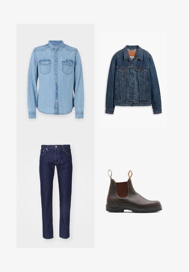 Chaqueta de denim azul con un diseño clásico, que presenta bolsillos en el pecho, botones de metal y costuras a contraste. Cuello y dobladillo estructurados.; Camisa de mezclilla azul claro con mangas largas, cuello puntiagudo y cierre de botones a presión. Cuenta con dos bolsillos en el pecho con solapas. Corte recto.; Vaqueros de denim azul marino con corte recto, diseño de cinco bolsillos, costuras en naranja contrastante y un cierre de botón plateado en la cintura.; Botas Chelsea de cuero marrón con paneles laterales elásticos y tiradores. Parte superior texturizada, suela de goma duradera y detalle de costura en contraste.