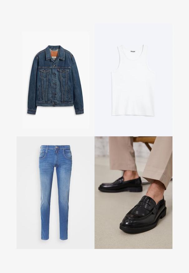 Blå denimjakke med klassisk design, der har brystlommer, metalknapper og kontrasterende syninger. Struktureret krave og kant.; Hvid ærmeløs tanktop med rund halsudskæring og Weekday-mærke på den indvendige baghals, vist fladt på lys baggrund.; Blå denimjeans med slim fit. Har fem lommer, lukning med knap foran og let falming på benene. Lige benudskæring.; Sorte lædermokkasiner med en glat overflade, der har en dekorativ rem og kontraststing, parret med beige bukser.