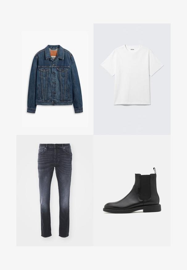 Blå denimjakke med klassisk design, der har brystlommer, metalknapper og kontrasterende syninger. Struktureret krave og kant.; Hvid kortærmet crewneck T-shirt lagt fladt ud, ensfarvet design, med "WEEKDAY" mærkat inde i kraven på en lys baggrund.; Mørkegrå denim jeans med et klassisk lige ben-design, der har forlommer, lynlåsgylp med knaplukning og subtile falmninger.; Sort læder ankelstøvle med glat overflade, elastiske sidepaneler og en trækstrop. Rund tå og flad gummisål med minimal mønster.