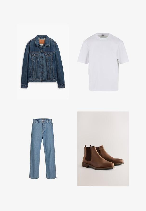 Blå denimjakke med klassisk design, der har brystlommer, metalknapper og kontrasterende syninger. Struktureret krave og kant.; Hvid kortærmet t-shirt lavet af bomuld. Har en rund halsudskæring og en afslappet pasform. Glat tekstur, minimalistisk design, ingen mønstre eller accenter.; Lysblå denim jeans med afslappet pasform, lige ben og klassisk taljebutton. Har sidelommer og subtile syninger.; Brune læder Chelsea-støvler med elastiske sidepaneler, rundet snude, lav stakket hæl og syningsdetaljer langs sålen.