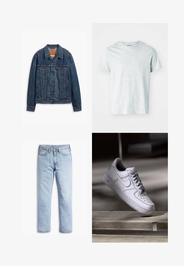 Blå denimjakke med klassisk design, der har brystlommer, metalknapper og kontrasterende syninger. Struktureret krave og kant.; Lys grå, kortærmet t-shirt lavet af blødt stof, med en rund hals og en let afslappet pasform. Ingen synlige mønstre eller grafik.; Lyseblå denimjeans med lige ben, fem-lommerstil og robust syning. Har lynlås og metalknap.; Hvid læder Nike Air Force 1 sneaker med perforeret tå, flade snørebånd og tekstureret gummisål med "AIR" branding på siden.