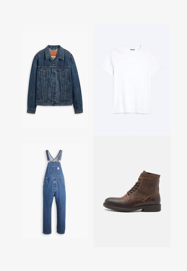 Blå denimjakke med klassisk design, der har brystlommer, metalknapper og kontrasterende syninger. Struktureret krave og kant.; Enkelt hvid T-shirt med korte ærmer og rund hals med synligt WEEKDAY-mærke i kraven, vist på en lys baggrund.; Denim overalls i mellemblå, med justerbare stropper, en frontlomme og metalbeslag, i en afslappet pasform og lige ben-design.; Jack & Jones JFWDELANEY BOOT - Snørestøvletter - cognac
