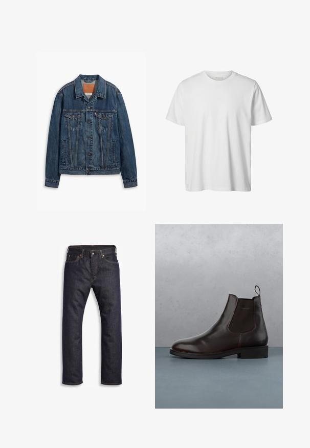 Blå denimjakke med klassisk design, der har brystlommer, metalknapper og kontrasterende syninger. Struktureret krave og kant.; Enkelt hvid T-shirt med korte ærmer og rund hals, løs pasform og uden synlige logoer eller designs foran.; Mørkeblå denimjeans med lige snit, fem-lomme design, metalbeslag og kontrasterende orange syninger. Glat tekstur, ingen synlige mønstre.; Brune læder Chelsea støvle med elastiske sidepaneler, en hælletab, og en glat finish, placeret på en tekstureret murstens- og grusoverflade.