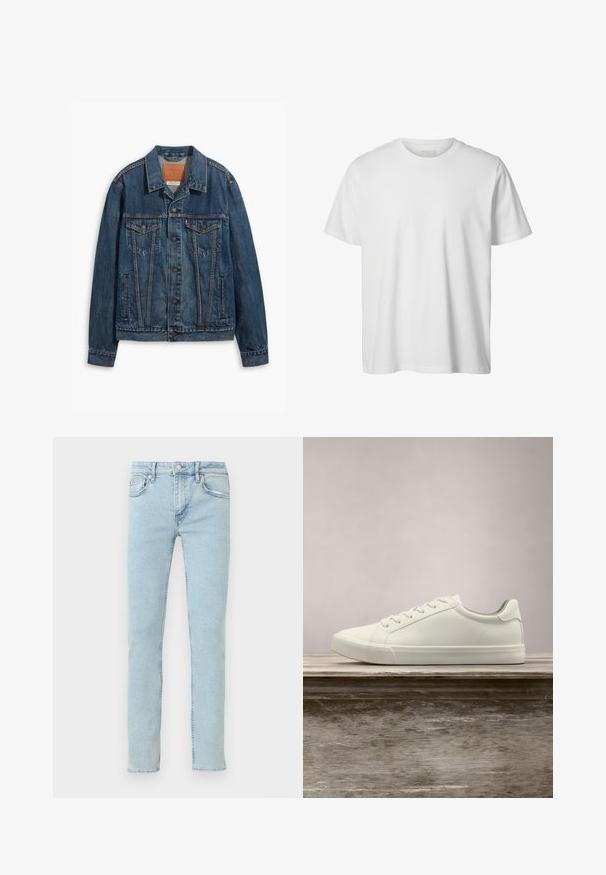 Blå denimjakke med klassisk design, der har brystlommer, metalknapper og kontrasterende syninger. Struktureret krave og kant.; Enkelt hvid T-shirt med korte ærmer og rund hals, løs pasform og uden synlige logoer eller designs foran.; Lyseblå denimjeans med lige ben, der har fem lommer, diskret falmning og klassiske syningsdetaljer.; Hvide snørresneakers svævende over en træbænk med grønne planter i baggrunden, der fremhæver skodesign og tekstur.