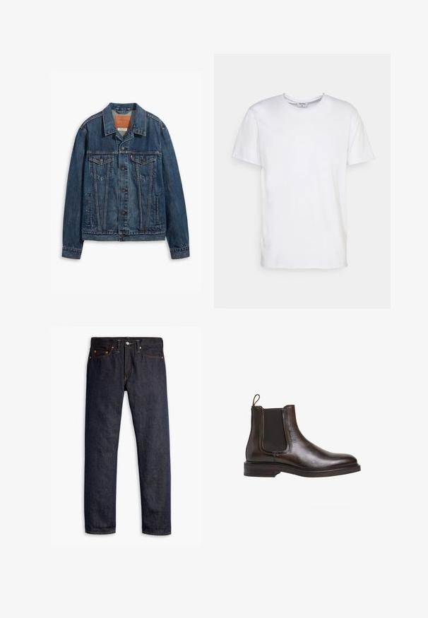 Chaqueta de denim azul con un diseño clásico, que presenta bolsillos en el pecho, botones de metal y costuras a contraste. Cuello y dobladillo estructurados.; Camiseta blanca de manga corta hecha de algodón. Presenta un escote redondo y un corte holgado, sin patrones ni acentos visibles.; Vaqueros de denim azul oscuro con corte recto, diseño de cinco bolsillos, remaches de cobre, costuras amarillas y una tela texturizada distintiva.; Botín Chelsea de cuero marrón con paneles laterales elásticos, tirador en bucle y un tacón bajo apilado. Textura suave y silueta elegante.