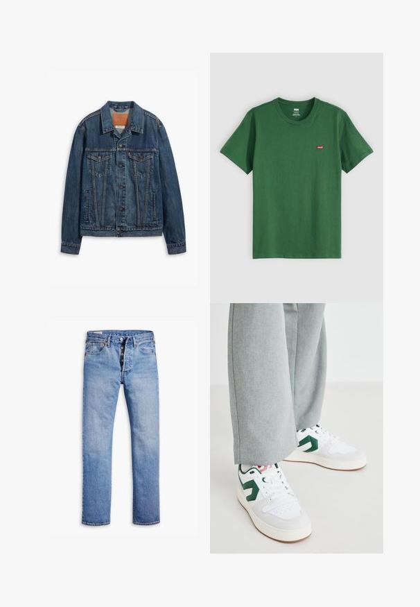 Blå denimjakke med klassisk design, der har brystlommer, metalknapper og kontrasterende syninger. Struktureret krave og kant.; Grøn bomulds t-shirt med rund hals, korte ærmer og et lille rødt Levi's-logo på venstre bryst. Blød tekstur, standard pasform.; Lysblå denimjeans med lige ben, fem-knaps lukning, bæltestropper og subtilt slid. Har to forlommer og kobbernitter.; Hvide og grønne sneakers med glat læder og ruskindsmaterialer, der har en fremtrædende grøn logo-accents og hvide snørebånd. Grå bukser er delvist synlige.