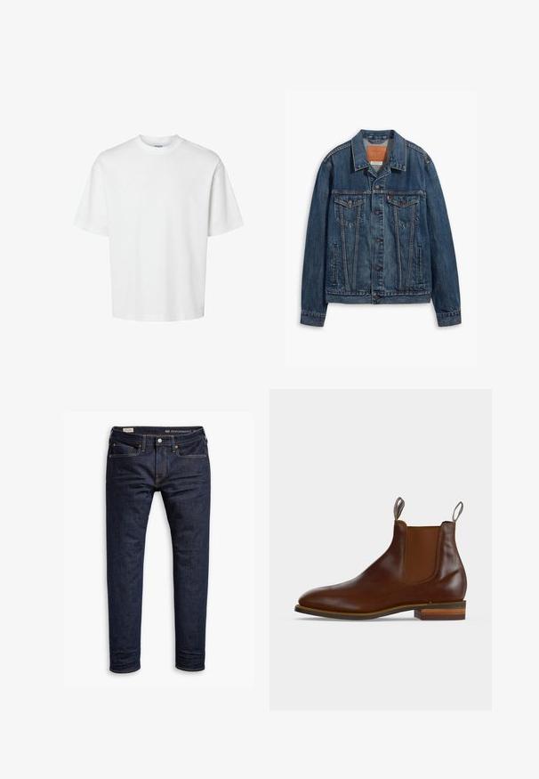 Veste en denim bleu au design classique, comprenant des poches poitrine, des boutons en métal et des coutures contrastées. Col et ourlet structurés.; T-shirt blanc uni à manches courtes, col rond et coupe décontractée, présenté sur un fond blanc.; Jean en denim bleu foncé avec une coupe slim, présentant des coutures orange, un design à cinq poches et des accessoires en métal. Texture lisse, sans motifs.; Bottine Chelsea en cuir marron avec panneaux latéraux élastiques, languettes à l'avant et à l'arrière, et talon en bois superposé.