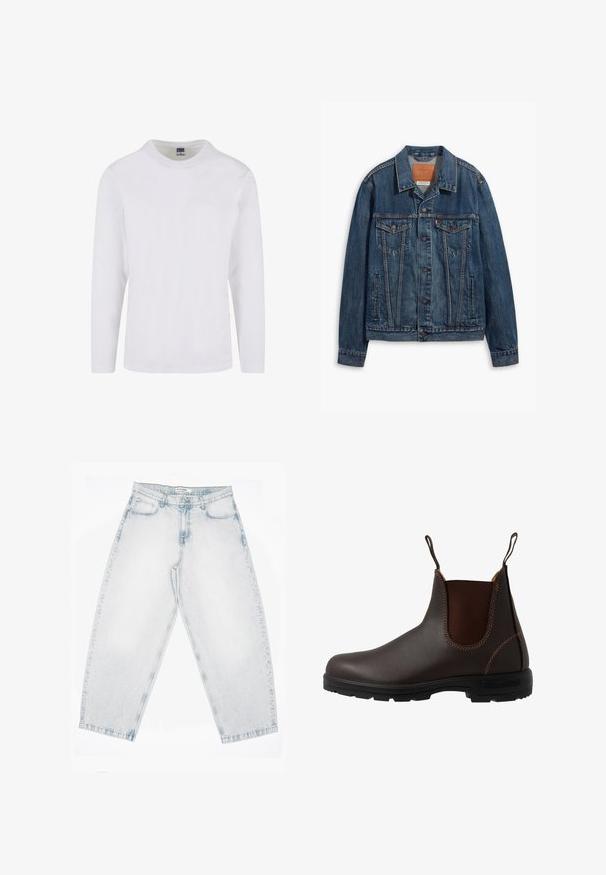 Chaqueta de denim azul con un diseño clásico, que presenta bolsillos en el pecho, botones de metal y costuras a contraste. Cuello y dobladillo estructurados.; Camiseta de manga larga y cuello redondo en algodón blanco. Textura suave con un diseño simple y sin patrones o acentos visibles.; Vaqueros de mezclilla lavada clara con cintura alta, piernas anchas y rectas, cierre de botones y cremallera, y bolsillos delanteros y traseros.; Bota Chelsea de cuero marrón con panel elástico lateral, costuras marrones, tiradores y suela de goma resistente con un patrón texturizado.