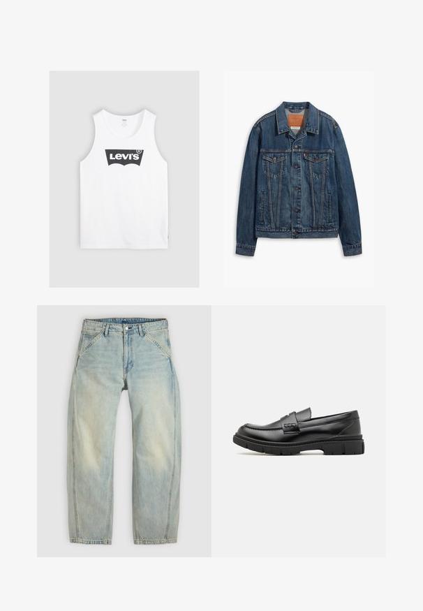 Blaue Jeansjacke mit klassischem Design, ausgestattet mit Brusttaschen, Metallknöpfen und kontrastierenden Nähten. Strukturierter Kragen und Saum.; Weißes Baumwoll-Trägershirt mit einem schwarzen Levi's-Logo in der Mitte. Einfaches Design mit rundem Halsausschnitt und weiten Armausschnitten.; Hellblaue Jeans mit weitem Bein aus Denim. Sie verfügen über fünf Taschen, einen Knopfverschluss und ausgewaschene Bereiche für einen getragenen Look.; Schwarze Lederloafer mit einem breiten Riemen über dem Rist, Gummisohle mit dicken Profilen und glatter Textur. Klassisches, schlankes Design.