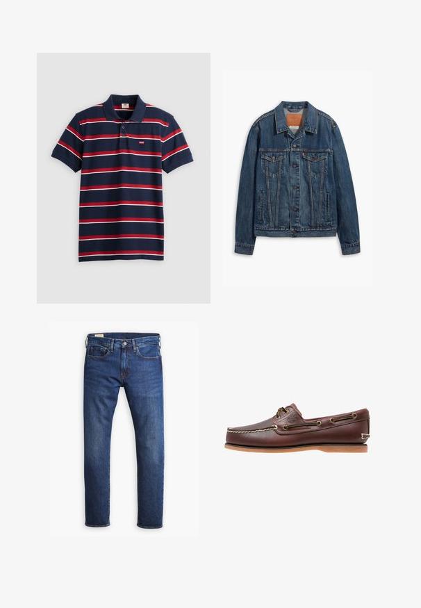 Blå denimjakke med klassisk design, der har brystlommer, metalknapper og kontrasterende syninger. Struktureret krave og kant.; Marineblå polo-shirt med røde og hvide vandrette striber, tre-knaps placket og lille Levi's logo på brystet. Blødt bomuldsstof.; Blå denimbukser med lige ben, der har fem lommer, en knap- og lynlåsgylp, samt kontrastfarvet guldstikning.; Brun læder bådsko med hvide sømme, snøre detaljer og lysbrun gummisål, vist fra siden på hvid baggrund.