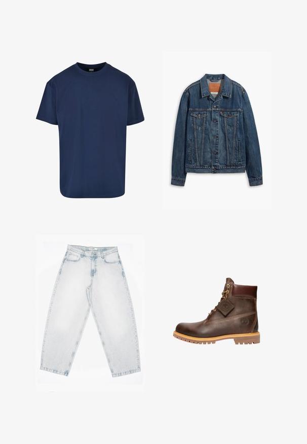Blå denimjakke med klassisk design, der har brystlommer, metalknapper og kontrasterende syninger. Struktureret krave og kant.; Marineblå bomulds T-shirt med rund halsudskæring og korte ærmer. Glat tekstur og afslappet pasform, velegnet til hverdagstøj.; Lyseblå denimjeans med høj talje, lige brede ben, knap- og lynlåslukning samt lommer foran og bagpå.; Brun læder ankelstøvle med rund tå, solid sål, hardware i guldtone og en tekstureret overdel. Inkluderer et logo-tagfæstet.