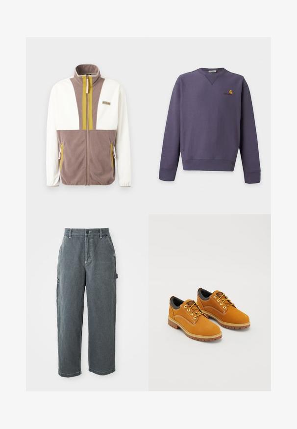 Fleecejakke med hvide ærmer, taupe krop, olivengrønne lodrette striber ved lynlås, lynlåslommer og Columbia-mærke på brystet.; Lilla crewneck sweatshirt med lange ærmer og lille gul og rød Carhartt-logo på øverste venstre bryst.; Mørkegrå lige ben arbejdsbukser med bæltestropper, frontknap og lynlås, sidelommer og en hammerløkke på højre ben.; Brune ruskindssko med rund tå, gule snørebånd, en polstret sort krave og gummisåler med skridsikre riller.