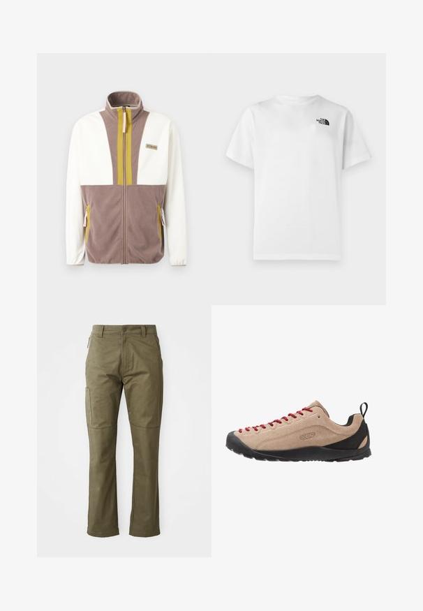 Chaqueta de forro polar con mangas blancas, cuerpo en color topo, rayas verticales oliva junto a la cremallera, bolsillos con cremallera y parche de la marca Columbia en el pecho.; Camiseta blanca de algodón con mangas cortas y cuello redondo. Presenta un pequeño logo negro en la parte superior izquierda. Textura suave.; Pantalones cargo color caqui fabricados en un duradero tejido de algodón, con bolsillos laterales, perneras rectas y cierre de cremallera con botón.; Zapatillas de ante beige de corte bajo con cordones rojos, suela de goma negra y detalles de malla cerca del talón para mayor transpirabilidad y comodidad.
