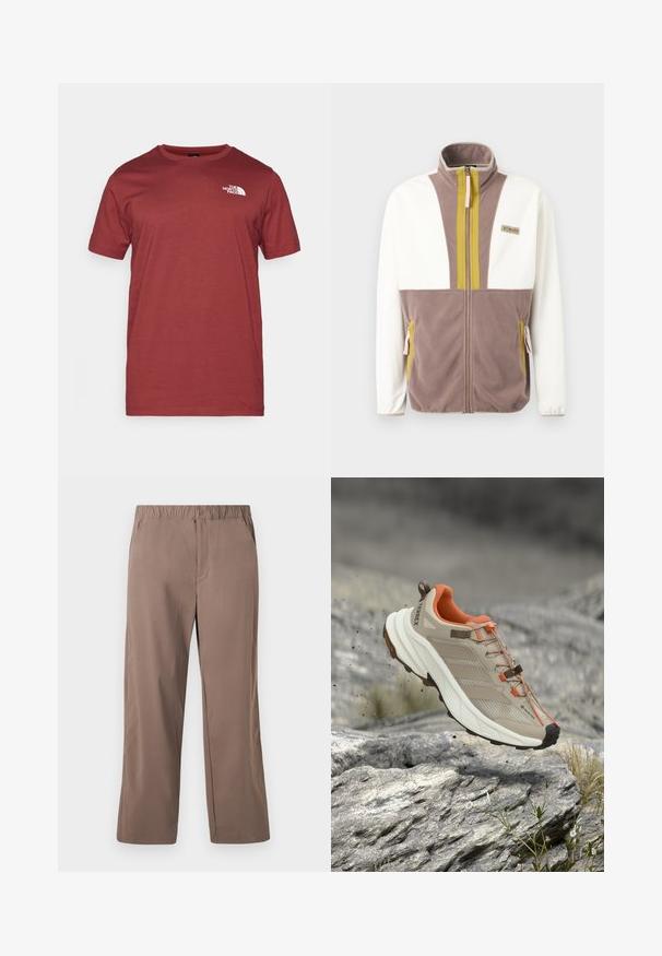 Fleecejacke mit weißen Ärmeln, taupefarbenem Körper, olivfarbenen vertikalen Streifen am Reißverschluss, Reißverschlusstaschen und Columbia-Markenpatch auf der Brust.; The North Face M SS BOX NSE TEE - T-Shirt print - sumac/asphalt grey; Locker sitzende, gerade geschnittene braune Hose mit elastischem Bund und Knopfverschluss, vorderen Taschen und glatter Stofftextur.; Beiger und oranger Wanderschuh mit dicker Sohle, GORE-TEX-Label und "TERREX"-Branding, gezeigt über felsigem Gelände.
