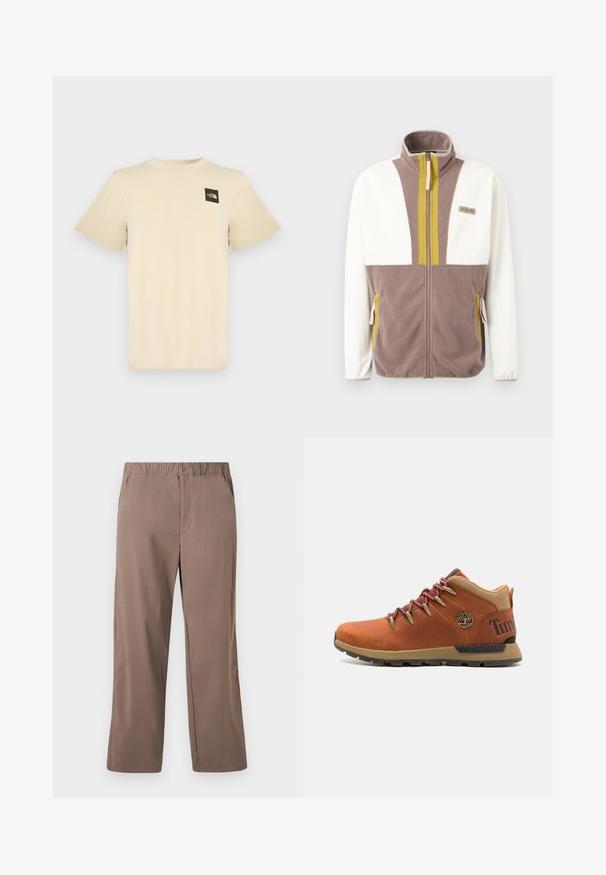 Veste en polaire avec manches blanches, corps taupe, rayures verticales olive près de la fermeture éclair, poches zippées et écusson de la marque Columbia sur la poitrine.; T-shirt beige à manches courtes en coton, avec un petit logo carré noir sur la partie supérieure gauche de la poitrine. Col rond simple.; Pantalon marron à jambes droites, coupe ample, avec ceinture élastique et fermeture par bouton, poches avant, et texture de tissu lisse.; Chaussures de randonnée en cuir marron avec une finition texturée, dotées de lacets rouges, d'œillets en métal et d'un logo sur le côté. Semelle en caoutchouc durable.