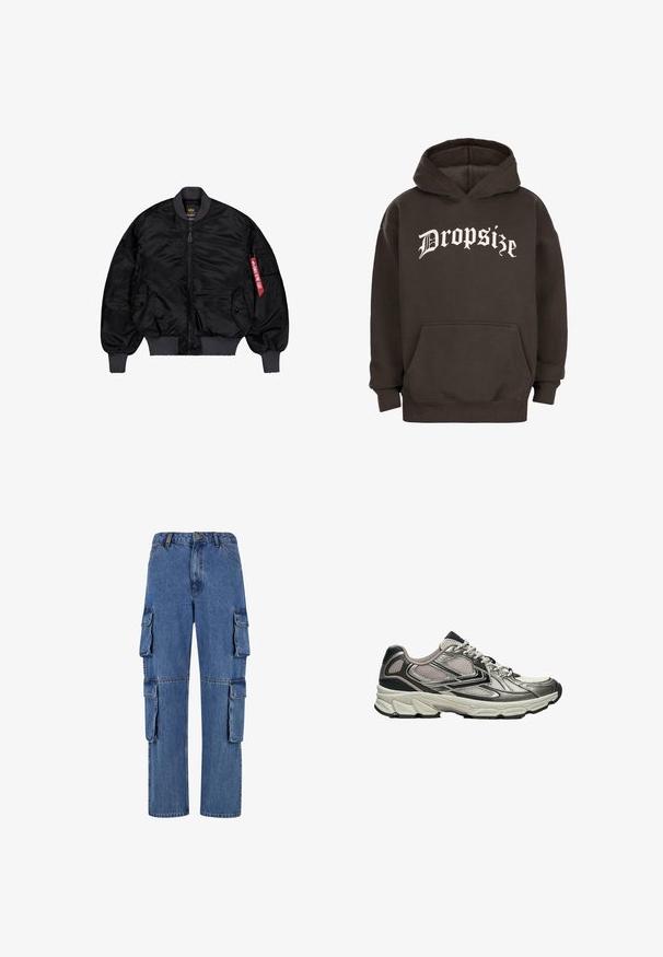 Schwarze Bomberjacke mit Reißverschluss vorne, elastischen Bündchen und Saum. Verfügt über seitliche Taschen und ein rotes Etikett am linken Arm. Glattes, glänzendes Material.; Dunkelbrauner Hoodie mit einer vorderen Kängurutasche und weißem Text im Old-English-Stil, der "Dropsize" über der Brust liest.; Blaue Denim-Cargo-Hosen mit weitem Bein, vier großen seitlichen Taschen und kontrastierenden Nähten. Die Textur ist glatt mit einer verwaschenen Optik.; Hellgrauer und schwarzer Laufschuh mit Mesh-Einsätzen, gedämpfter Sohle und weißen gemusterten Schnürsenkeln, von der Seite auf weißem Hintergrund gezeigt.