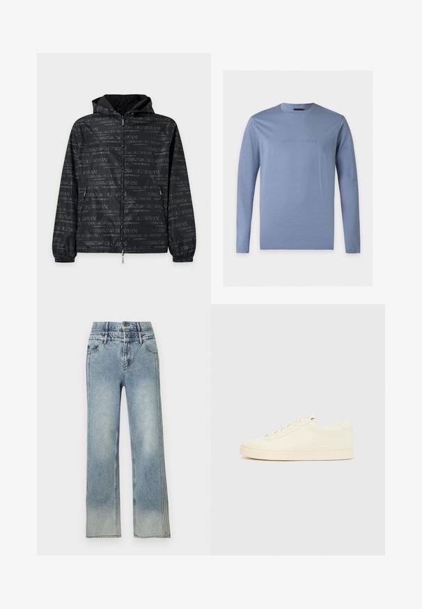 Veste à capuche noire zippée avec poignets élastiques et motif de texte répété "EMPORIO ARMANI" en gris foncé.; Chemise bleu clair à manches longues avec col rond et logo Emporio Armani en relief centré sur la poitrine, fond blanc.; Jean bleu clair taille haute à jambes droites avec poches avant, fermeture par bouton et zones subtilement délavées sur les cuisses et les jambes.; Baskets couleur crème avec une tige en cuir lisse, bout arrondi, laçage à l'avant et semelle en caoutchouc texturée. Design minimaliste, sans logo.