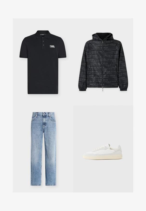 Veste à capuche noire zippée avec poignets élastiques et motif de texte répété "EMPORIO ARMANI" en gris foncé.; Polo noir à manches courtes avec trois boutons et logo blanc "KARL LAGERFELD" sur la poitrine gauche.; Jean denim bleu clair à jambes droites avec bouton sur le devant, fermeture éclair et design à cinq poches sur fond blanc.; Baskets blanches avec dessus en daim et cuir texturé. Caractérisées par un bout arrondi, une fermeture à lacets et une semelle en caoutchouc beige contrastante.