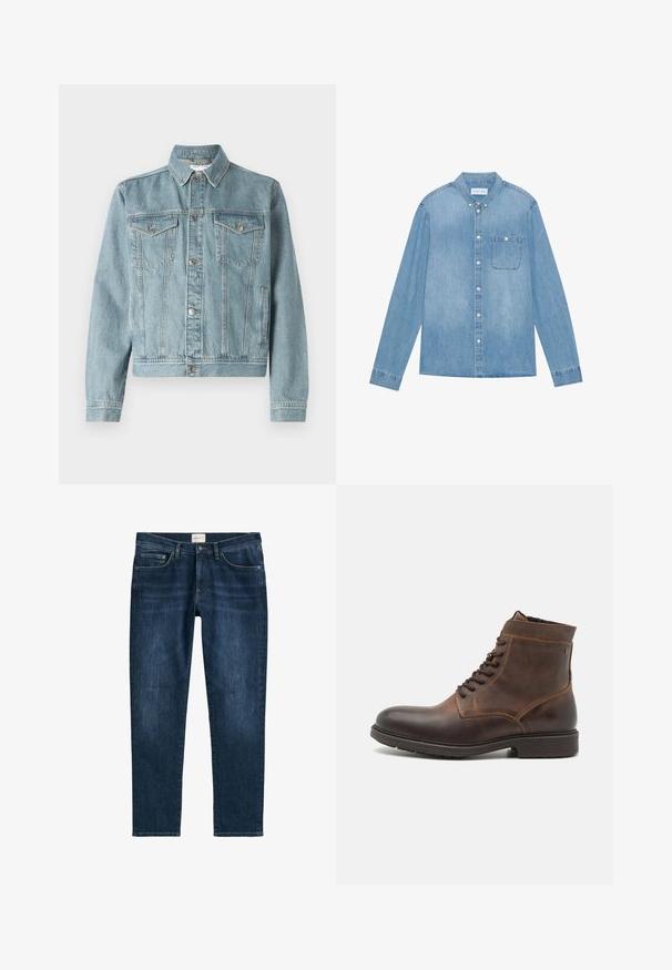 Lichtblauwe spijkerjas met een puntige kraag, twee borstzakken, zilveren knopen en een cropped ontwerp. Heeft een textuurstof en gestikte details.; Lichtblauw denim overhemd met knopen, lange mouwen, spitse kraag, één borstzak en subtiele vervaging op de stof.; Donkerblauwe denim jeans met een rechte pijp, vijf zakken, riemlussen en subtiele vervaging. De stof heeft een gladde textuur.; Jack & Jones JFWDELANEY BOOT - Veterboots - cognac