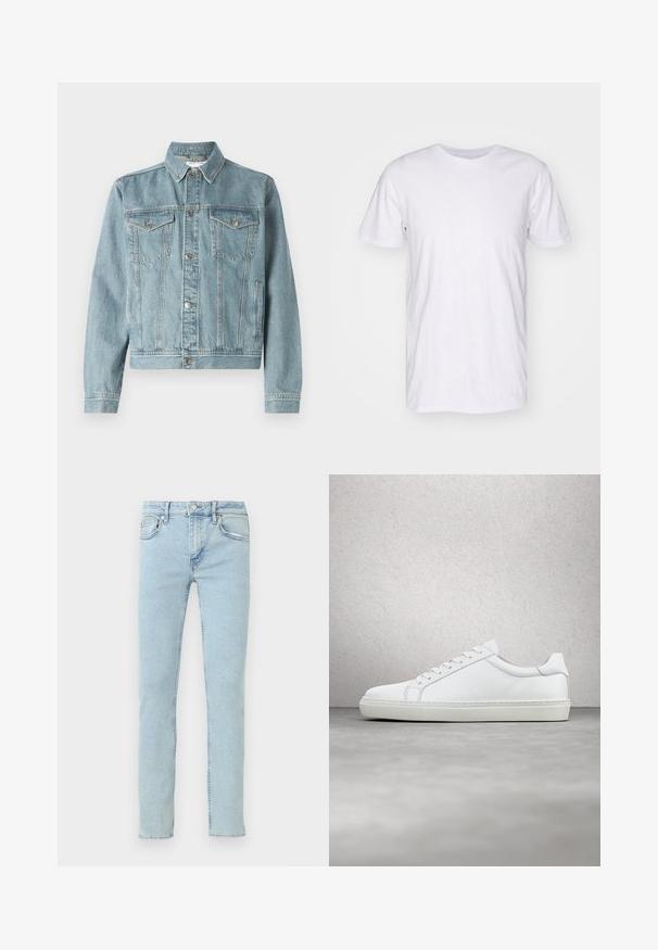 Hellblaues Denim-Jackett mit spitzem Kragen, zwei Brusttaschen, silbernen Knöpfen und einem verkürzten Schnitt. Verfügt über ein strukturiertes Gewebe und gestickte Details.; Selected SLHASPEN SLUB TEE - T-Shirt basic - bright white; Hellblaue Jeans aus Denim mit geradem Bein, ausgestattet mit fünf Taschen, dezentem Used-Look und klassischen Ziernähten.; Weißer Sneaker mit glattem Lederobermaterial und niedrigem Profil. Verfügt über eine runde Zehenpartie, sechs Ösen und eine strukturierte Gummisohle.