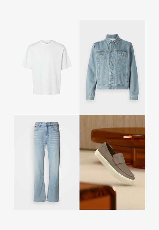 Lyseblå denimjakke med spidse kraver, to brystlommer, sølvknapper og en cropped design. Har tekstureret stof og syning detaljer.; Enkel hvid t-shirt med korte ærmer, rund hals og løs pasform vist på hvid baggrund.; Lyseblå denimjeans med lige ben, der har fem lommer, knaplukning og en subtil falmning på stoffet.; Grå ruskind slip-on sko med hvid sål svævende over beige tæppe, med gennemsigtigt orange møbel i baggrunden.