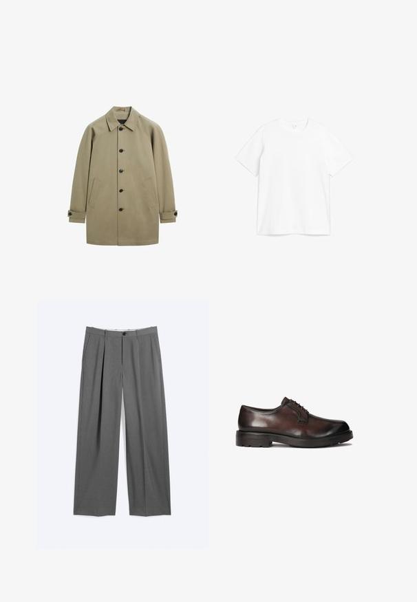 Manteau beige à simple boutonnage avec cinq boutons noirs, deux poches avant inclinées, poignets boutonnés et un col classique.; T-shirt en coton blanc avec un col rond et des manches courtes. Le tissu semble lisse avec un design classique et droit.; Pantalon formel gris avec jambes droites, plis à l'avant, poches latérales, passants pour ceinture et fermeture devant par bouton et glissière.; Chaussure habillée en cuir marron, à la finition lisse, au bout rond et au laçage. Équipée d'une semelle en caoutchouc noir robuste avec une bonne traction.