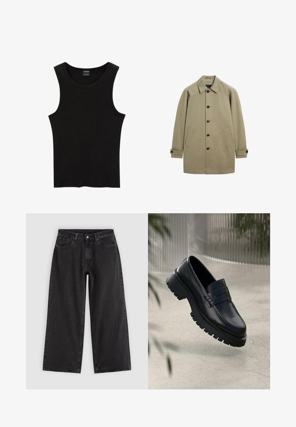 Beige enkeltbrystet frakke med fem sorte knapper, to skrå forlommer, knappede manchetter og en klassisk krave.; Sort ribbet tanktop med rund halsudskæring og brede ærmegab, lavet af en blød, strækbar stof. Mærke: Pull&Bear.; Sorte denim jeans med vide ben, forlommer, bæltestropper og knaplukning, vist på en ensfarvet lys baggrund.; Sorte læder loafers med en chunky sål, der har en dekorativ rem og syninger. Glat tekstur med en poleret overflade.