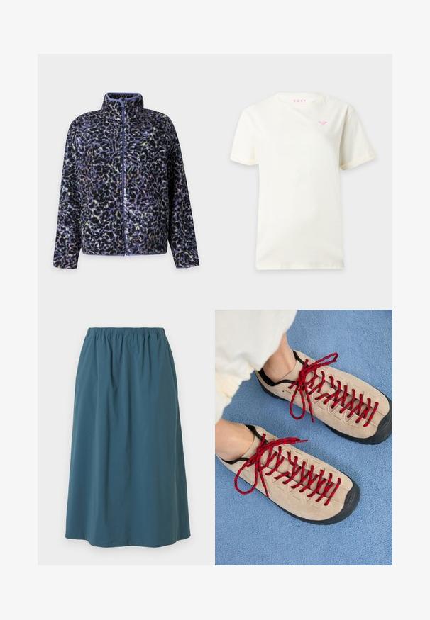 Veste en polaire duveteuse avec fermeture éclair intégrale à l’avant et col haut présentant un motif léopard multicolore noir, violet et gris.; T-shirt blanc uni à manches courtes avec un petit logo Roxy rose sur la poitrine gauche et un nom de marque Roxy rose à l'intérieur du col.; Jupe bleue longueur genoux avec une ceinture élastique, tissu lisse et légers plis près du haut, présentée sur fond blanc.; Des chaussures beiges avec des lacets rouges, posées sur une surface bleue texturée, révèlent partiellement la cheville d'une personne. Les chaussures ont un design sportif.