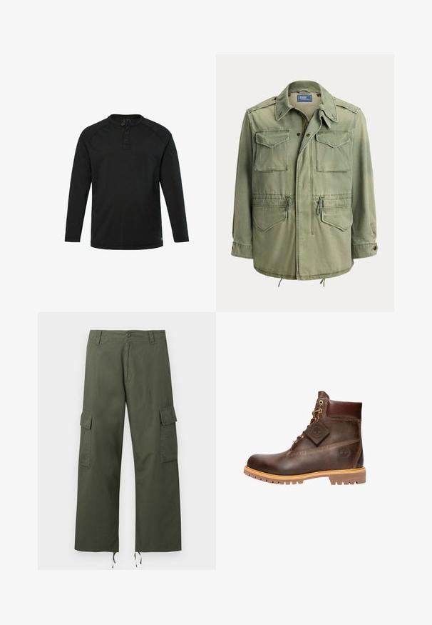 Hellgrüne Militärjacke mit vier Vordertaschen, Reißverschluss und Druckknopfverschluss sowie verstellbaren Taillen- und Ärmelbändern.; Schwarzes Langarm-Henley-Shirt mit drei Knöpfen und Rundhalsausschnitt, schlichte Gestaltung und gerader Saum.; Olivgrüne Cargohose mit seitlichen Klappentaschen, Knopfverschluss, Gürtelschlaufen und verstellbaren Kordeln an den weiten Hosenbeinen.; Braune Leder-Ankelstiefel mit runder Zehenpartie, robuster Sohle, goldfarbener Hardware und strukturiertem Obermaterial. Enthält ein angehängtes Logo-Tag.