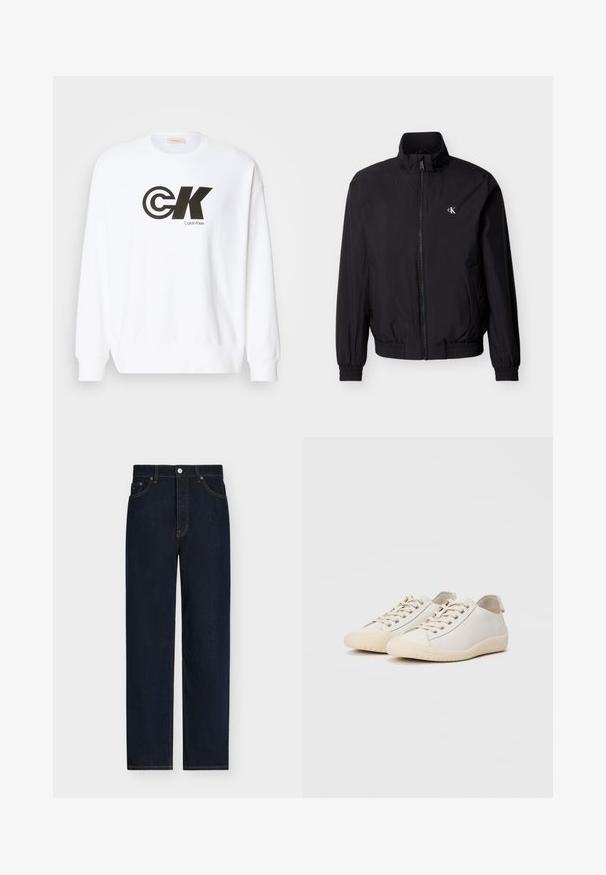 Sort vindtæt jakke med lynlås foran, høj krave, elastiske manchetter og linning. Har en lille hvid logo på venstre bryst.; Hvid sweatshirt lavet af bomuld med et sort Calvin Klein-logotryk. Den har en rund halsudskæring og ribben ved ærmerne og i bunden.; Mørkeblå jeans med lige ben, frontknap og lynlås, fem lommer og synlige kontrastsyninger.; Hvide sneakers lavet af glat læder med tonede stikninger, snørebåndslukning, rund tå og en tekstureret gummisål.