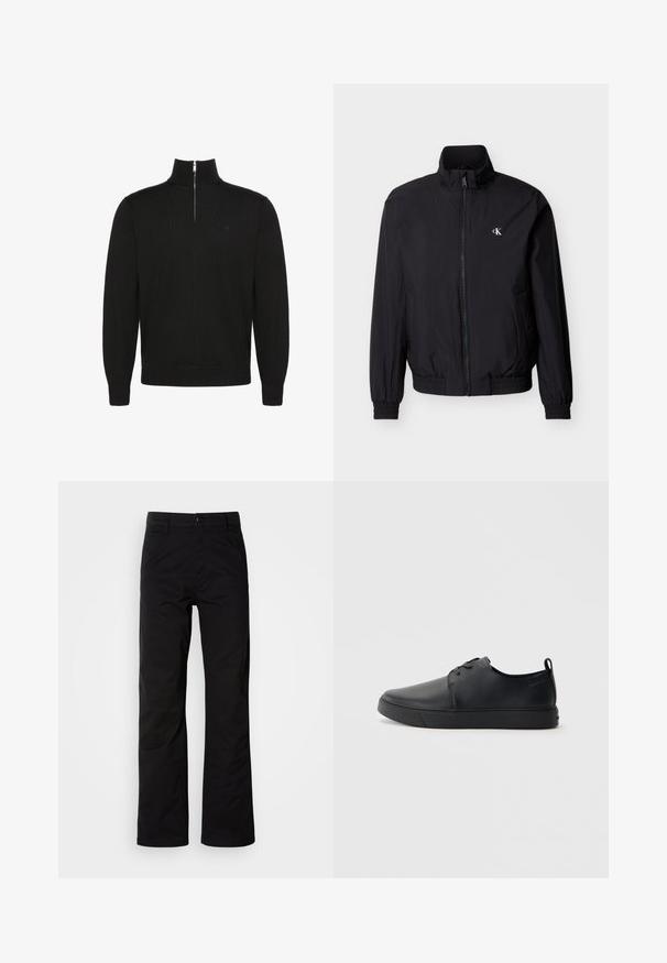 Chaqueta cortavientos negra con cremallera en el frente, cuello alto, puños elásticos y cinturilla ajustable. Presenta un pequeño logo blanco en el pecho izquierdo.; Jersey negro de manga larga con cremallera a medio frente y puños y bajo de canalé, con un pequeño logo sutil en el pecho.; Pantalones de algodón negros con un diseño de pierna recta, que cuentan con un cierre de botón y lazos para cinturón. Textura suave y estilo minimalista sin patrones visibles.; Zapatilla negra de cuero con acabado suave, punta redondeada, costuras a tono, cordones en la parte delantera y suela de goma plana. Asa en el talón.