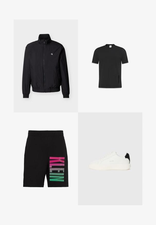 Veste coupe-vent noire avec fermeture éclair sur le devant, col montant, poignets et ceinture élastiques. Présente un petit logo blanc sur le côté gauche de la poitrine.; T-shirt noir à manches courtes en coton lisse, avec un col rond classique et un petit logo imprimé sur le côté inférieur.; Short noir avec taille élastique et grand texte vertical "KLEIN" sur une jambe en dégradé rose, gris et vert.; Baskets en cuir blanc avec un accent noir à l'arrière, présentant un bout rond, des lacets plats et une épaisse semelle blanche. Logo Calvin Klein affiché.