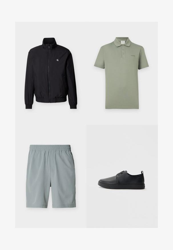 Veste coupe-vent noire avec fermeture éclair sur le devant, col montant, poignets et ceinture élastiques. Présente un petit logo blanc sur le côté gauche de la poitrine.; Polo vert olive à manches courtes avec trois boutons et petit logo Calvin Klein sur le côté gauche de la poitrine.; Shorts décontractés pour homme de couleur gris clair avec ceinture élastique et poches latérales, présentés à plat sur fond blanc.; Baskets en cuir noir avec une finition lisse, bout arrondi, coutures ton sur ton, devant à lacets et semelle plate en caoutchouc. Anse au talon.