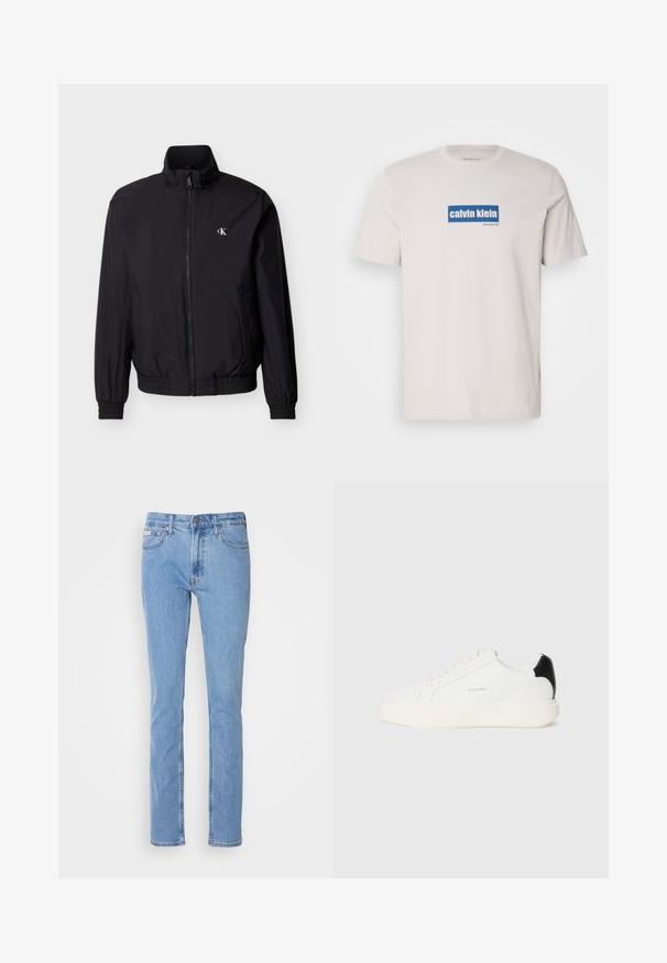 Veste coupe-vent noire avec fermeture éclair sur le devant, col montant, poignets et ceinture élastiques. Présente un petit logo blanc sur le côté gauche de la poitrine.; T-shirt en coton blanc avec un logo rectangulaire bleu portant le texte "calvin klein" et "new york city" en blanc sur le devant. Coupe classique.; Jean en denim bleu clair avec une coupe droite, cinq poches et une taille standard avec passants de ceinture.; Baskets en cuir blanc avec un accent noir à l'arrière, présentant un bout rond, des lacets plats et une épaisse semelle blanche. Logo Calvin Klein affiché.