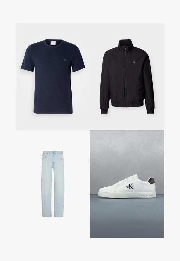 Schwarze Windbreaker-Jacke mit Reißverschluss vorne, hohem Kragen, elastischen Bündchen und Bund. Verfügt über ein kleines weißes Logo auf der linken Brust.; Marineblaue Baumwoll-T-Shirt mit Rundhalsausschnitt, kurzen Ärmeln und einem kleinen gestickten Logo auf der linken Brust. Glatte Textur und klassischer Schnitt.; Hellblaue Denim-Jeans mit geradem Bein, vorderem Knopf- und Reißverschluss, Gürtelschlaufen und Vordertaschen.; Weißer Ledersneaker mit glatter Oberfläche, Schnürdesign, abgerundeter Spitze und kontrastierendem schwarzem Fersenakzent. Die Gummisohle sorgt für Griffigkeit.