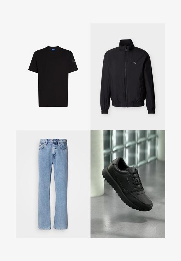 Sort vindtæt jakke med lynlås foran, høj krave, elastiske manchetter og linning. Har en lille hvid logo på venstre bryst.; Sort bomulds t-shirt med korte ærmer, rund halsudskæring og en lille mærke detalje på venstre ærme. Glat tekstur, standard pasform.; Lyseblå denimjeans med lige ben design, fem lommer og knaplukning. Syninger nær lommer og talje.; Sort læder Calvins Klein sneaker med snørebånd, robust sål, svævende over poleret beton gulv med glasblokvæg i baggrunden.